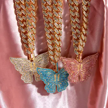 

JUST FEEL Bling Iced Out Rhinestone Cuban Chain Necklaces For Women Multicolor Big Butterfly Pendant Necklace Luxury Jewelry