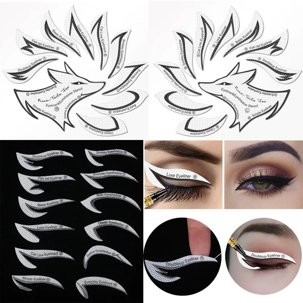 Plantillas de sombra de ojos 2 en 1, delineador de ojos, plantilla de maquillaje, pegatina, tarjeta, 12 estilos no tejidos, herramienta de modelado de 3 minutos, fácil de usar, 24 Uds.