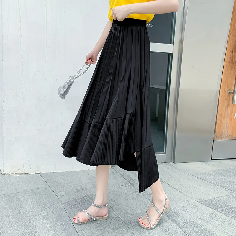 Миди плиссированная юбка Женская высокая уличная мода асимметричные юбки женские s Эластичная Высокая талия линия Асимметричная юбка