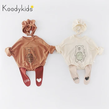 

Koodykids 2020 Spring Autumn Baby Boy Brown Bear Bodysuits Cotton Soft With Hat Rompers Baby Girl Autumn Sleeve Rompers 0-2 Year