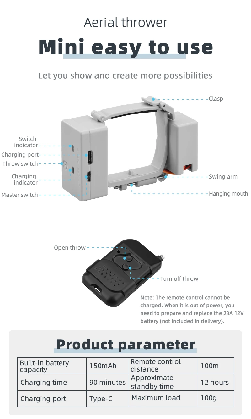Aerial thrower Mini easy to use Clasp Switch indicator Charging port -