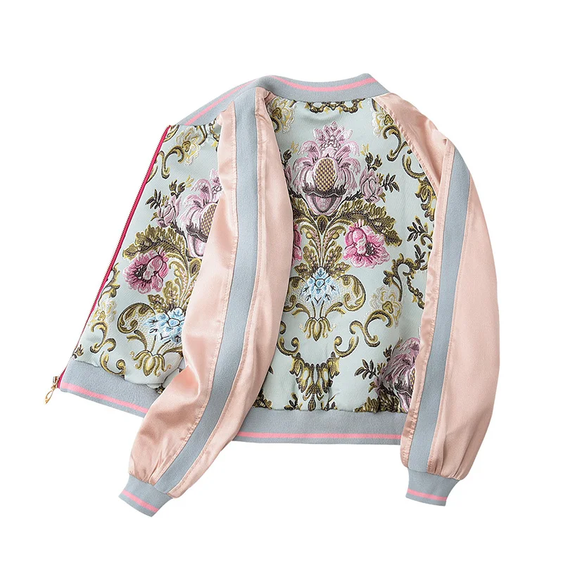 Spring sweet flower embroidery satin jacket coat women Casual baseball