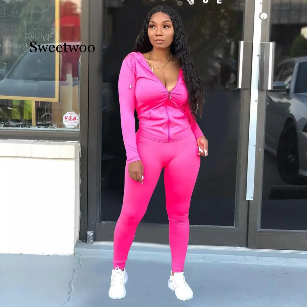 Fashion Hooded Two Piece Set Jogging Femme Zipper Top + Pants Suit Sportwear Tracksuit Women Outfits Solid 7 Color