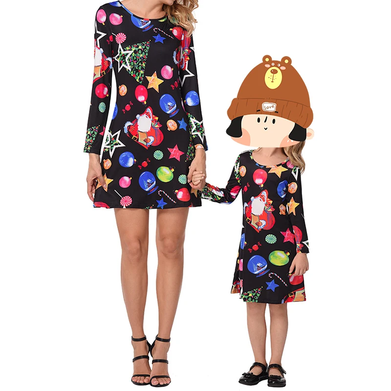 

Family Matching Outfits Mother Daughter Christmas Dresses Children Girls Cartoon Candy Star Snowflake Print Dress Party Dress