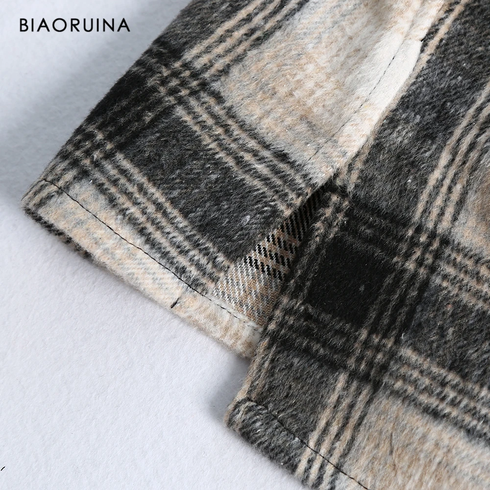 BIAORUINA, Женская хлопковая рубашка, винтажная, свободная, в клетку, с начесом, однобортная, толстая, теплая рубашка, топы, с отложным воротником