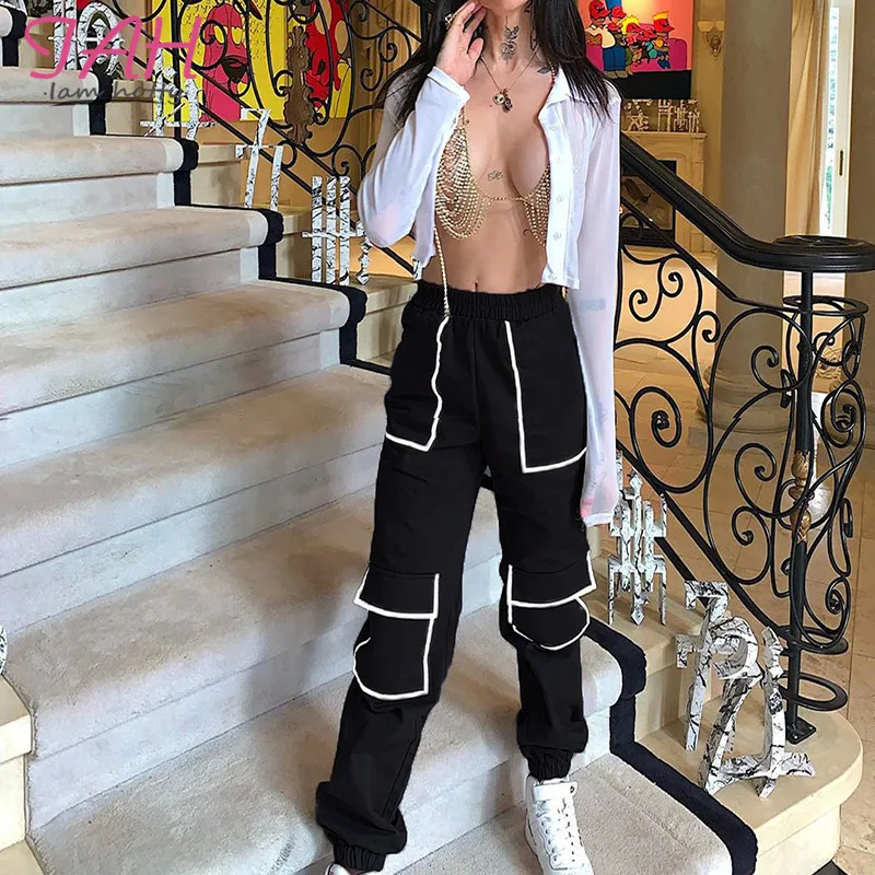 IAMHOTTY/Полосатые контрастные уличные брюки-карго с карманами, мешковатые спортивные штаны в стиле Харадзюку, хип-хоп, черные брюки в стиле сафари с высокой талией