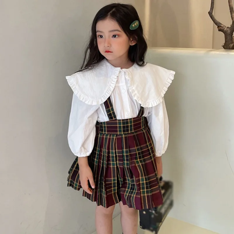 Autumn Girls Blouse Doll Collar Turn-down Shirt Fashion Children Tees Cotton Tops Long Sleeve Kid Clothing +plaid Overall skirt
