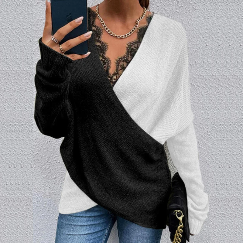 Купить Autumn Fashion Patchwork Lace Women Solid Knit Sweater Casual Long Sleeve Loose Tops Lady Winter V-Neck Pullover Jumper  Женская одежда | Водолазки (1005003640911589)