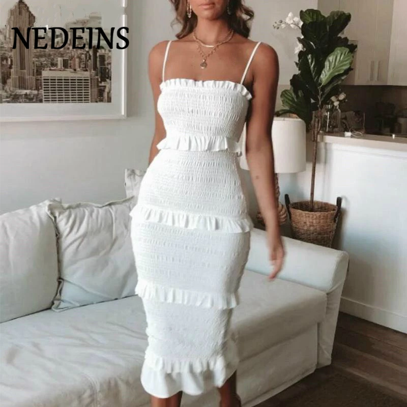 NEDEINS été mode fronde longue robe femmes 2020 décontracté robe de soirée femme volants Vestidos grande taille naturel solide robe | AliExpress
