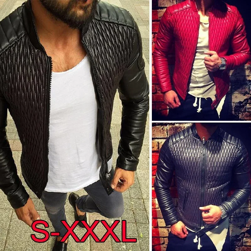 

2019 Men Fashion Rhombus Design Slim Fit Leather Coat Men li ling Locomotive Leather Coat