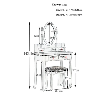 

Modern Dressing Table White With 4 Drawers Bedroom Furniture Round Mirror Makeup Cabinet Household Organizer 75 X 40 X 143.5 Cm
