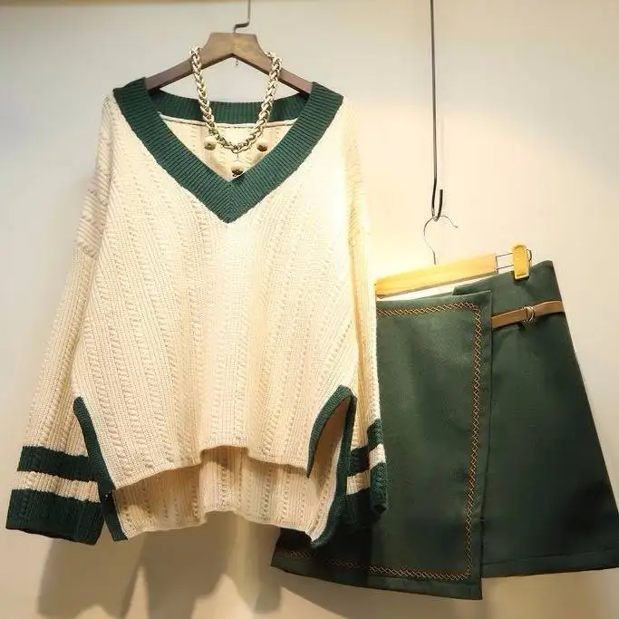 2019 Vroege herfst dames twee stuk trui + groene rok mode pak 2019 Vroege herfst dames twee stuk trui + groene rok mode pak