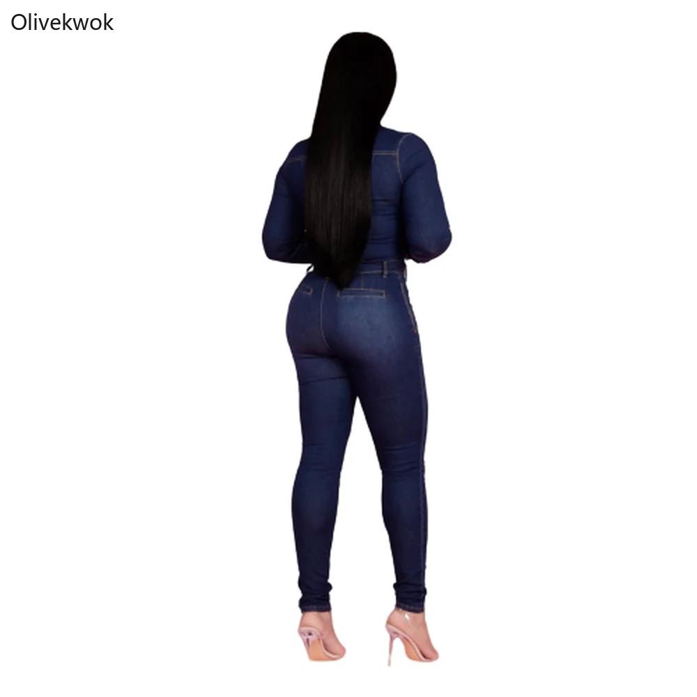 Olivekwok осенний Повседневный Модный женский комбинезон, сплошной цвет, отложной воротник, пуговицы, длинный рукав, высокая талия, джинсовые комбинезоны W5066