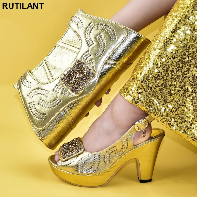 

Spring Shoes Platform Women Ladies Italian Shoes and Bag Set Decorated with Rhinestone African Wedding Italian Shoe and Bag Sets