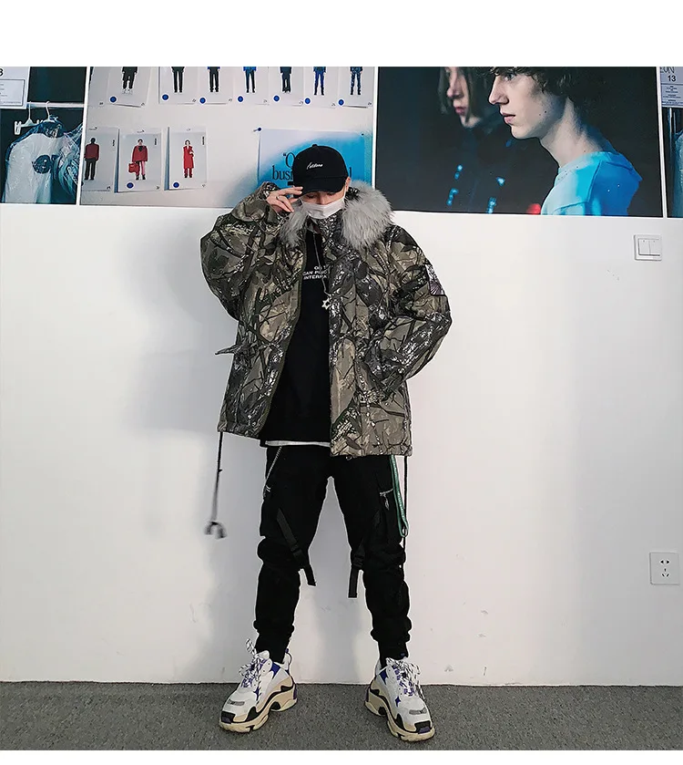 Yi dao Vintage Winter New Style Trend Mixed Colors Camouflage MEN'S Coat Japanese-style Loose Thick Fur Collar Versatile Cotton
