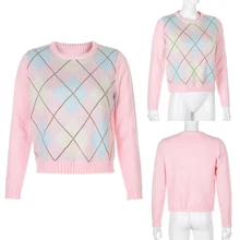Argyle Plaid Knitted Long Sleeve Autumn Sweater Women Preppy Style Cute Jumpers Winter Fashion Knitwear
