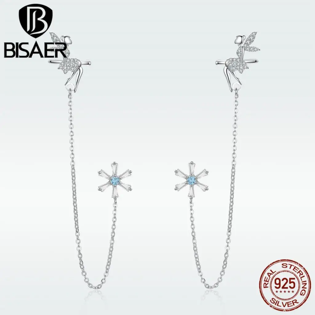 

BISAER Clip and Stud Earrings Fairy 925 Sterling Silver Long Chain Clip and Stud Earrings for Women Girl Design Jewelry HVE201
