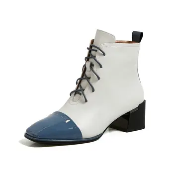 

Genuine Leather Female Chelsea Short Boots Elegant Women square Toe Ankle Boots Warm Office Party Basic Shoes Woman