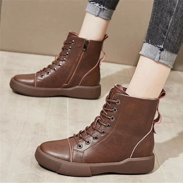 Winter Mid-Calf Women Leather Boots Black White Brown Flat Heels Half Boots  Autumn Winter Shoes | Leather boots women, Black boots women, Knee high leather  boots