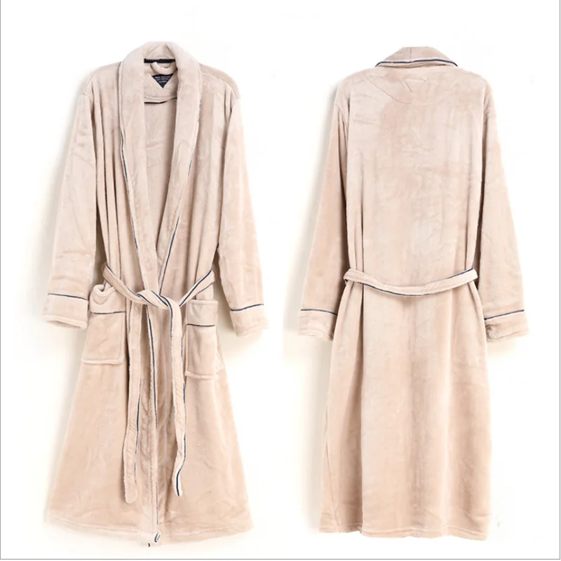 Linen Зимние плотные теплые халаты, мужские кимоно, роскошные фланелевые халаты для влюбленных, мужские домашние халаты с длинным рукавом и поясом, XXXL 130KGS - Цвет: Linen