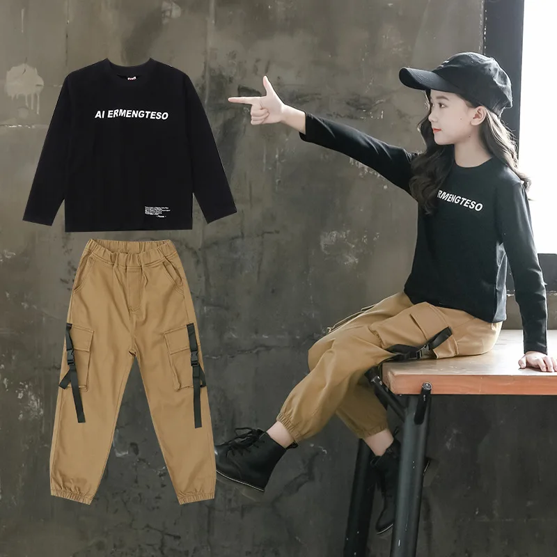 Одежда для девочек черные комбинезоны, одежда для девочек, топы с длинными рукавами, комплекты осенний модный детский костюм для детей 6, 8, 10, 12, 14 лет