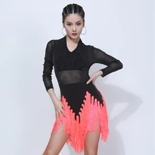 Платье для латинских танцев, женский сексуальный сетчатый костюм с кисточками и длинными рукавами, профессиональный женский бальный костюм для самбы, вальса, тренировочные платья DL4901