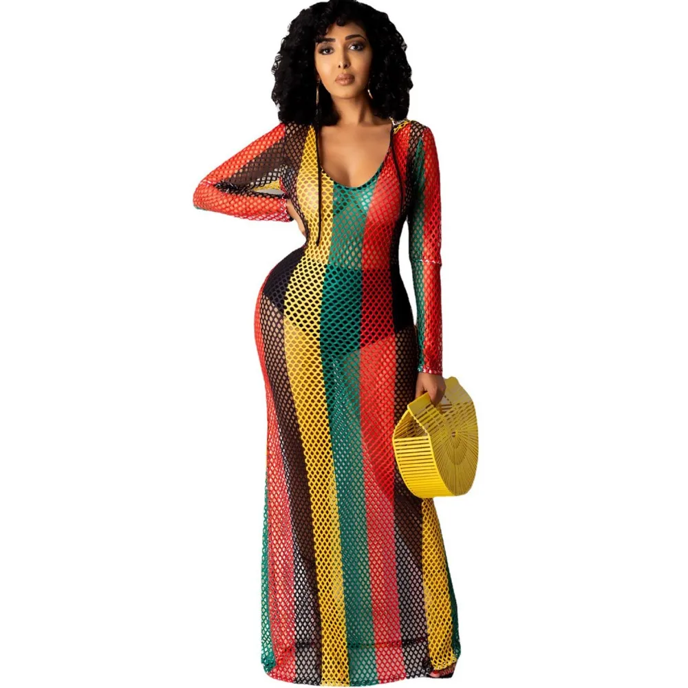 Beach Net Skirt Female Hollow Perspective Beach Top Color Stretch Mesh Long-sleeved Dress 2021 Summer New Sexy Long Skirt S-2XL