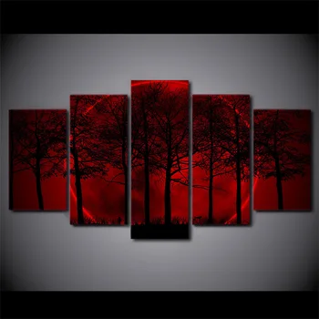 

5 Panel Red Sky Moon Tree Painting On Canvas Room Decoration Print Poster Picture Canvas Painting