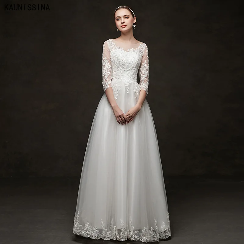 

Elegant Lace Long Wedding Dresses Embroidery Appliques Three Quarter Sleeve Wedding Gown Vestidos Mariage Bridal Dress