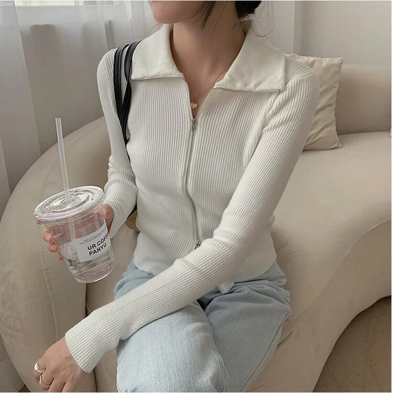 

New 2020 Autumn Winter Women's Sweaters Zipper Cardigans Fashionable Korean Style Turndown Ladies Knitwears CL484