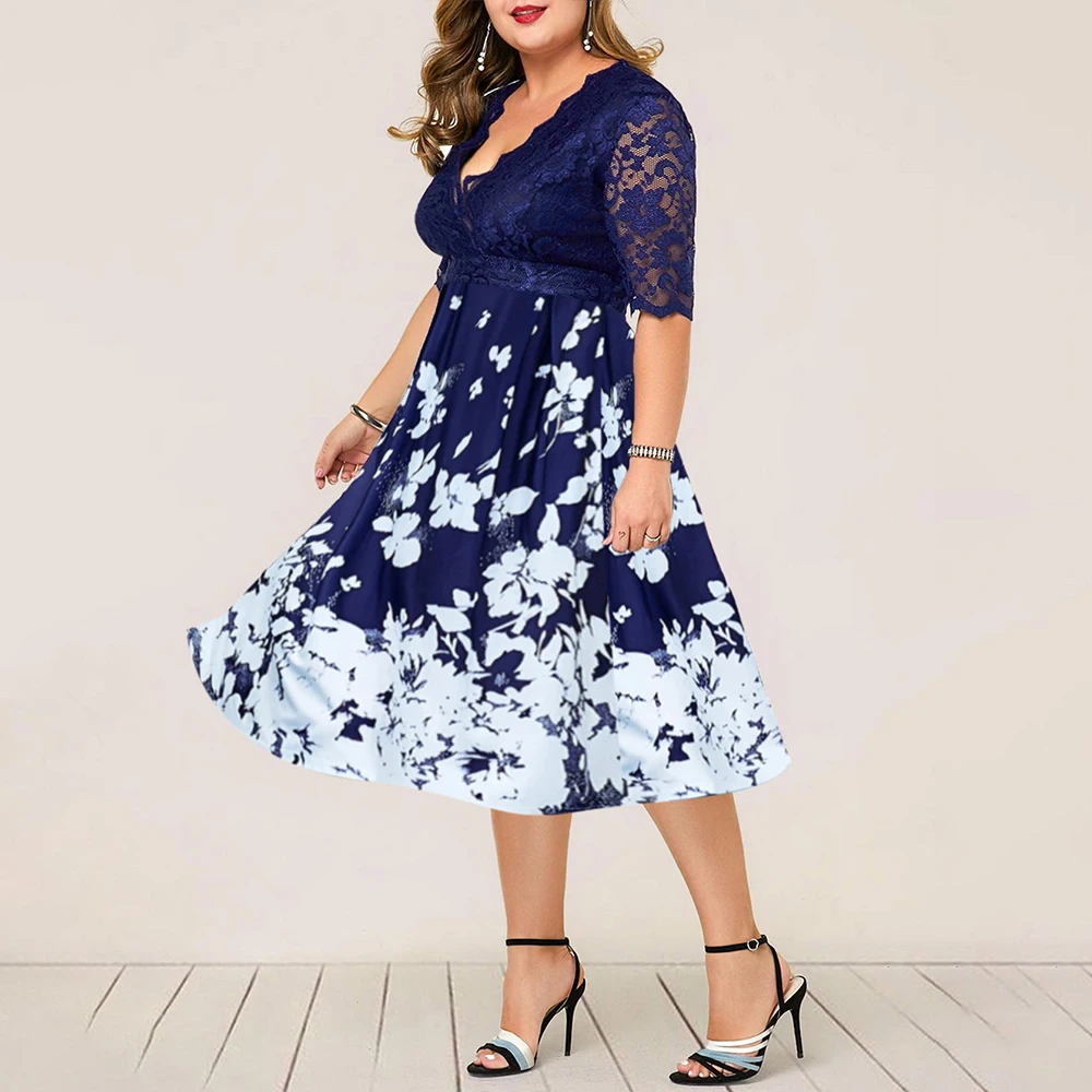 

XXXXL Spring Leisure Lace Dress Women Summer Patchwork Flower Evening Party Lady Dress Sexy Plus Size Elegant Dresses Female