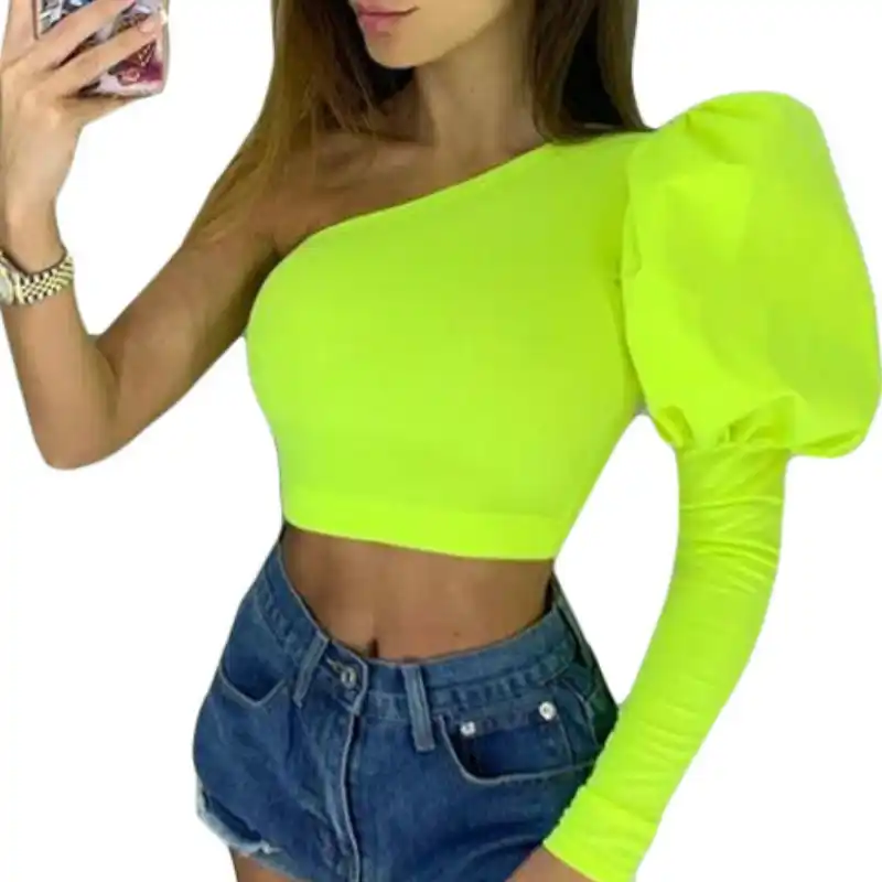 neon yellow one shoulder top