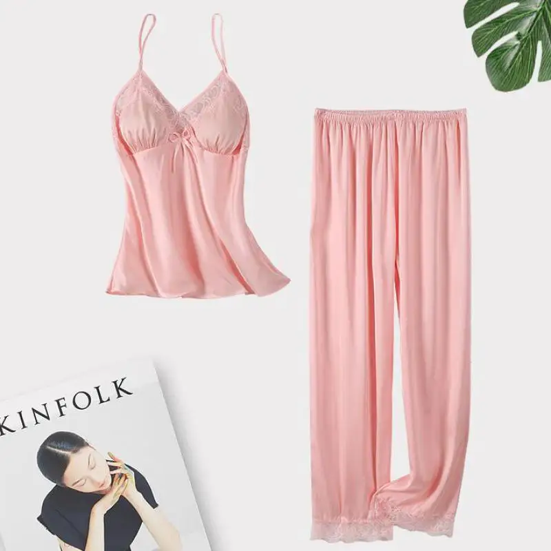 

Sexy Lace Pajamas Suit Satin 2PCS Strap Top Long Pants Sleep Suit Intimate Lingerie Women Summer New Pyjamas Sleepwear Homewear