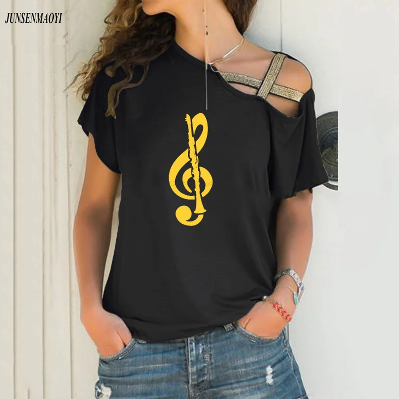 

Treble Clef Clarinet Band Instrument Music Notes Pitch Woman Tshirts Music Hobbyist Casual Short Sleeve Summer Irregular Top Tee
