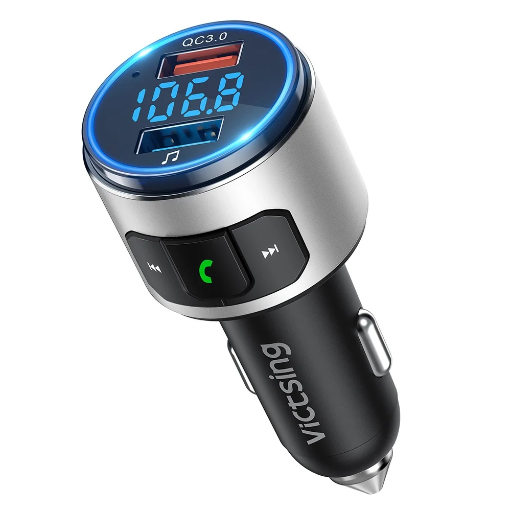 Серебристый VicTsing автомобильный Bluetooth V5.0 fm-передатчик QC3.0 беспроводной радио адаптер MP3-плеер со светодиодный подсветкой и 2 usb порта музыкальный плеер - Название цвета: Серебристый