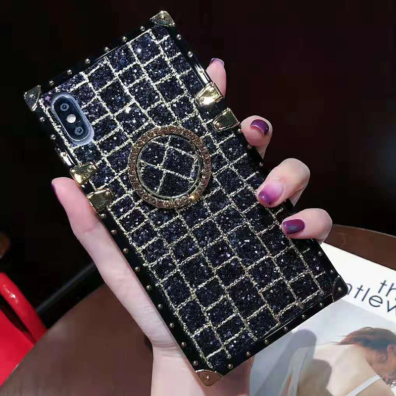 Luxury Brand Square Bling Shiny Glitter Powder Case For iPhone 11 Pro Max XS Max XR X 8 7 6 6S Plus Silicone Cover Ring Bracket (2)