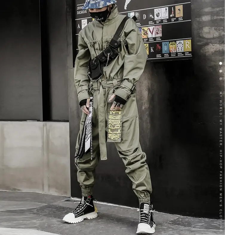 Армейский зеленый new men's retro casual jumpsuit male European and American personality hip hop pants loose tooling jumpsuit male - Цвет: Армейский зеленый