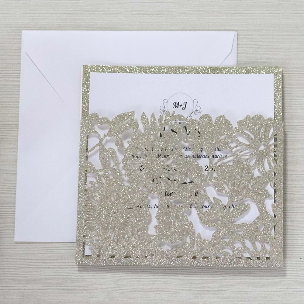  10pcs European-style Pocket Invitation Laser Hollow Invitation Silver Rose Gold Golden Powder Glitt - 4.0005E+12