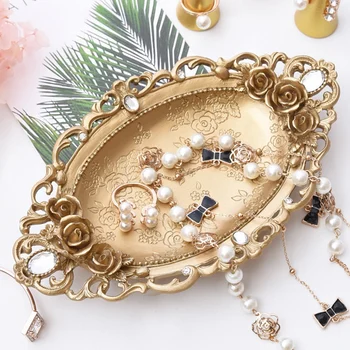 

Golden Resin Jewelry Tray Storage Organizer Jewelry Ring Necklace Desktop Finishing Rose Home Decoration Ornaments