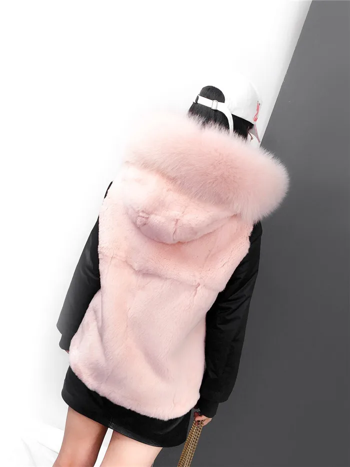 Back flowers embroidery letter real fur parka coat women thick rabbit fur lined short winter jacket real fox fur collar hood