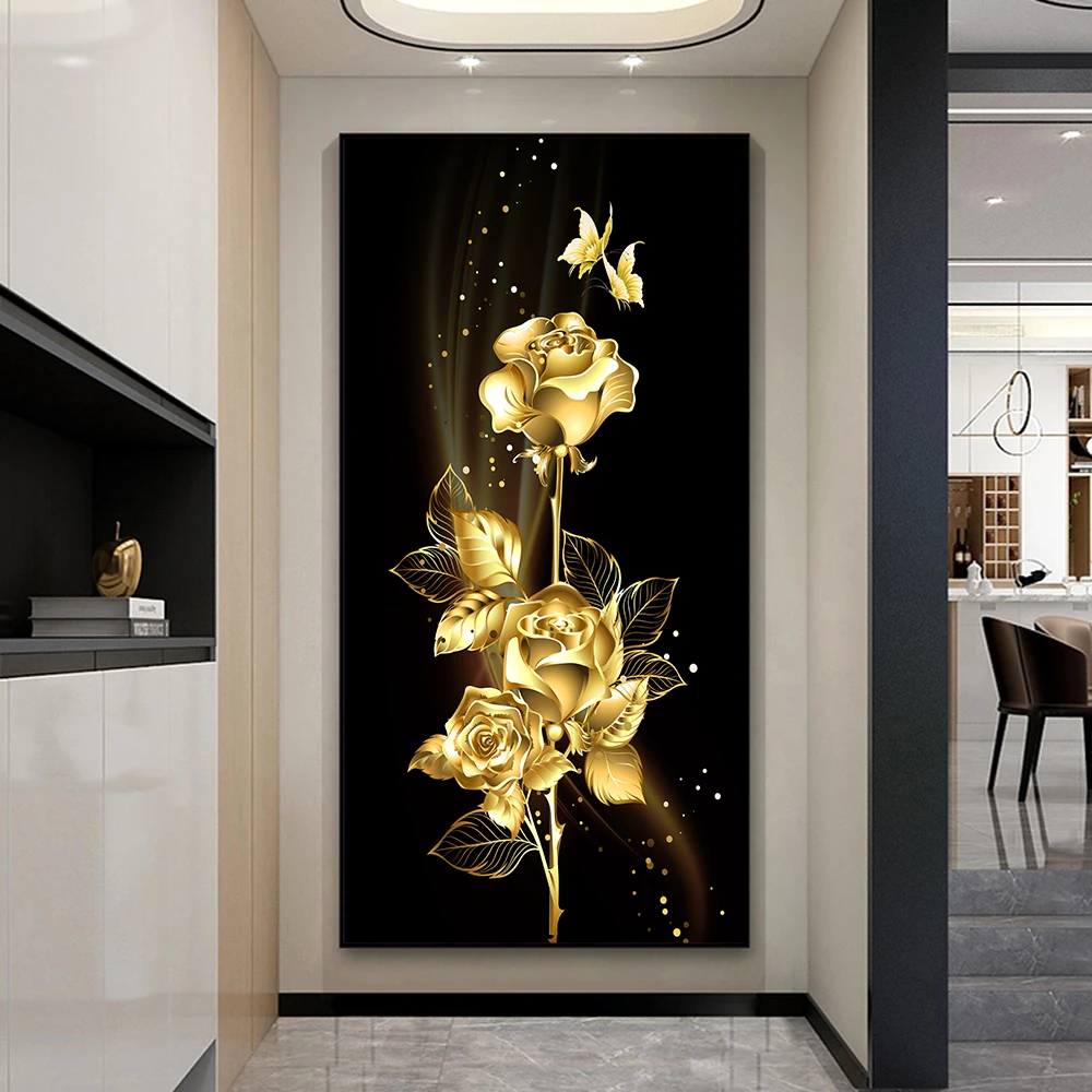 Golden Flowers and Tree Leaves Painting Printed on Canvas