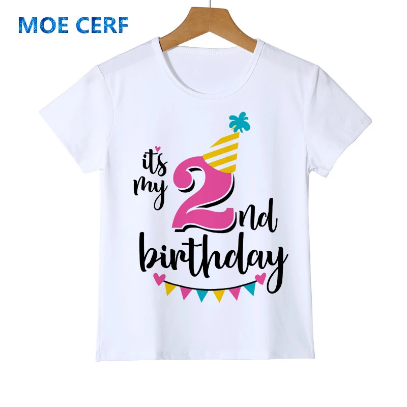 2 Футболка с надписью «Happy Birthday» и цифрами одежда с изображением единорога, подарок на день рождения, одежда с надписями модные детские топы с объемным рисунком для мальчиков и девочек, Y54-1 - Цвет: 2
