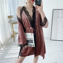 Autumn Winter New Nightdress With Golden Velvet Suspenders Dressing Gown Two-Piece Long Sleeve Sexy Lace Home Wear Пижама