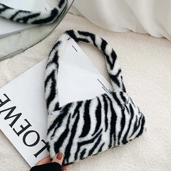 New 2021Winter Vintage Zebra Pattern Shoulder Underarm Bag Female Plush Autumn Handbag Soft Warm Fur Tote Purse For Lady Bag