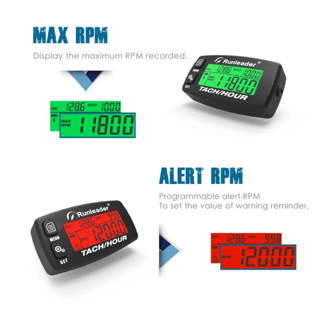 HM032B Inductive Tachometer Gauge Alert RPM Engine Hour Meter Backlit Resettable Tacho hour meters for Motorcycle ATV Lawn Mower