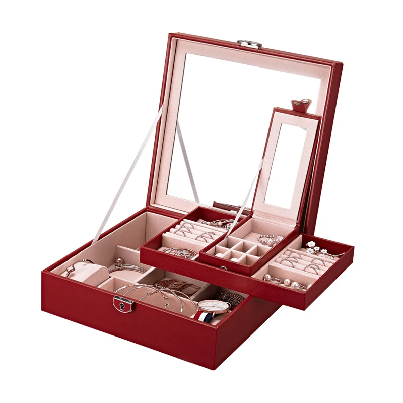 Casegrace Большая вместительная кожаная многослойная портативная коробка для украшений органайзер для домашней организации и хранения Органайзер для макияжа - Цвет: Red 030