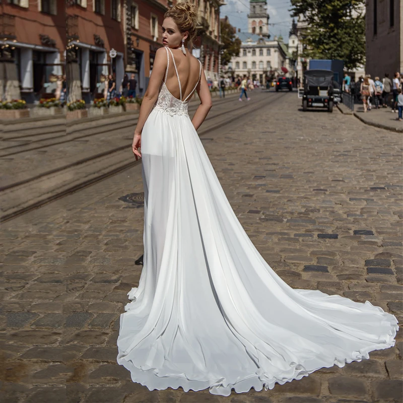 Сексуальный пляжный Boho свадебный наряд Свадебное Платье Иллюзия Кружева Аппликация разрез свадебное платье с вырезом на спине Vestido De Noiva