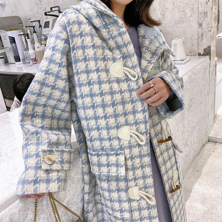 Abrigos Mujer Invierno корейское стильное шикарное повседневное клетчатое зимнее шерстяное пальто с капюшоном женское модное длинное пальто