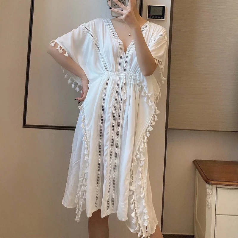 white tasseled embroidered midi dress