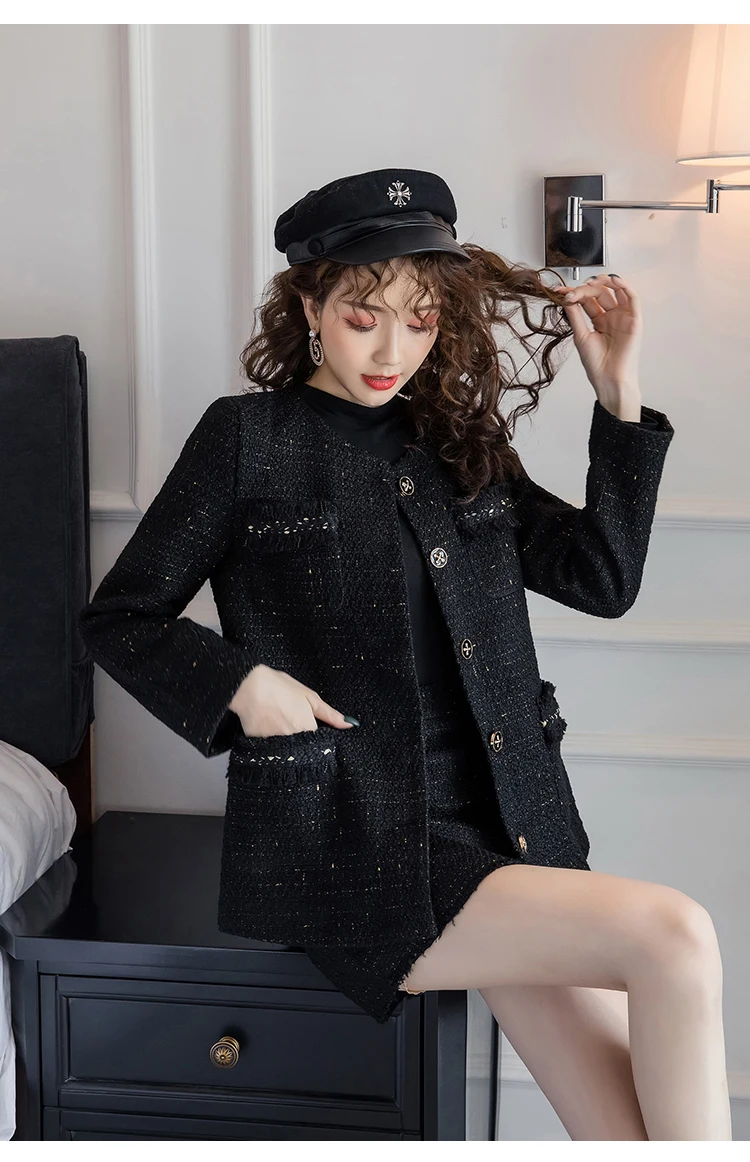 Black Tweed Blazer Skirt Two Piece Sets Autumn Winter New Ladies Tweed Jacket+ Skirt Coat Women Suits Clothes Wholesale